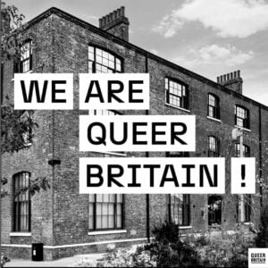 Queer Britain museum logo with their building in the back