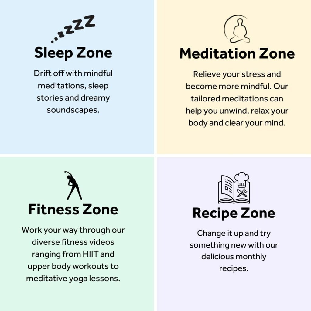 Sleep Zone: Drift off with mindful meditations, sleep stories and dreamy soundscapes. Meditation Zone: Relieve your stress and become more mindful. Our tailored meditations can help you unwind, relax your body and clear your mind. Fitness Zone: Work your way through our diverse fitness videos ranging from HIIT and upper body workouts to meditative yoga lessons. Recipe Zone: Change it up and try something new with our delicious monthly recipes.