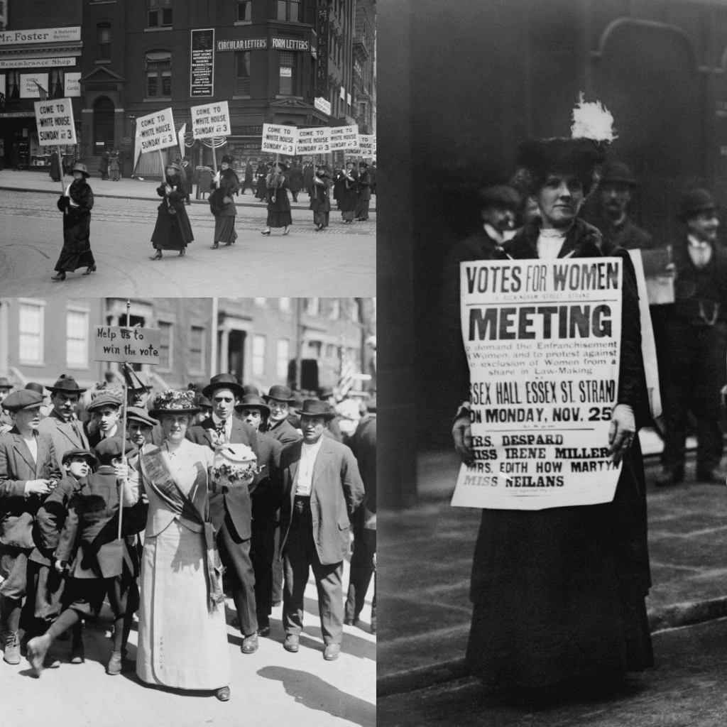 Three photos of 1928. One shows a group of women with banners in a London Centre protest. The other has the leader of the suffragette movement as the main character. The third and final one depicts one woman, with a small banner that reads "help us to vote", surrounded by a large group of men.