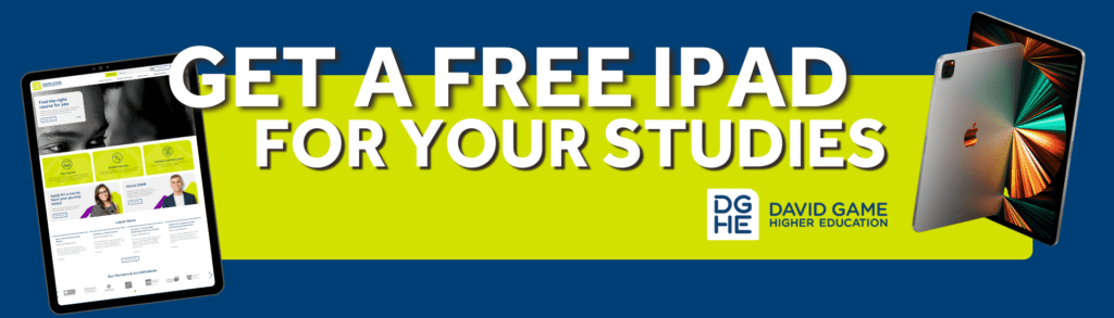 In a banner, you can see the title "Get a free iPad for your studies" next to two iPads and the DGHE logo.
